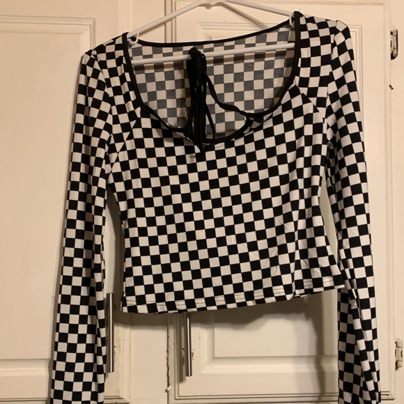 Cropped black white checkered top long sleeve tie neck womens long sleeve top - Picture 2 of 5